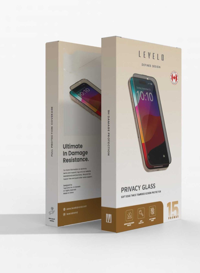 Levelo Privacy Soft edge Twice-Tempered Glass For iPhone 15 Pro - Black
