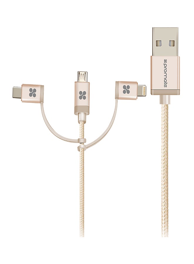 USB-C Type C, Micro USB, Apple MFi Lightning Cable 3 in 1 Triple Head Data and Charge Cable For Apple, Android and Type C Devices, Unilink-Trio Gold