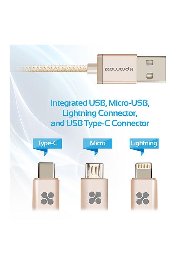 USB-C Type C, Micro USB, Apple MFi Lightning Cable 3 in 1 Triple Head Data and Charge Cable For Apple, Android and Type C Devices, Unilink-Trio Gold