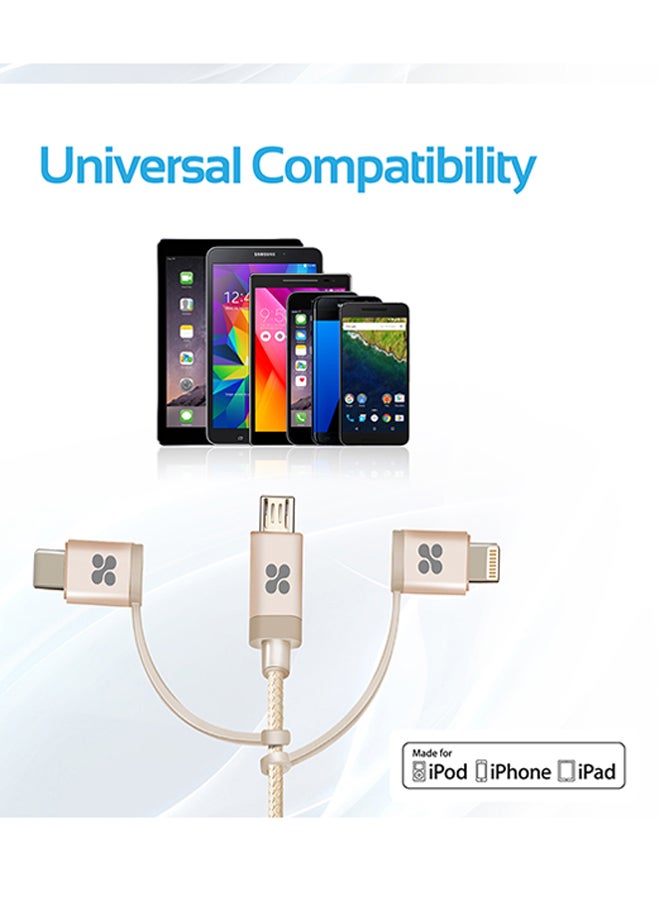 USB-C Type C, Micro USB, Apple MFi Lightning Cable 3 in 1 Triple Head Data and Charge Cable For Apple, Android and Type C Devices, Unilink-Trio Gold