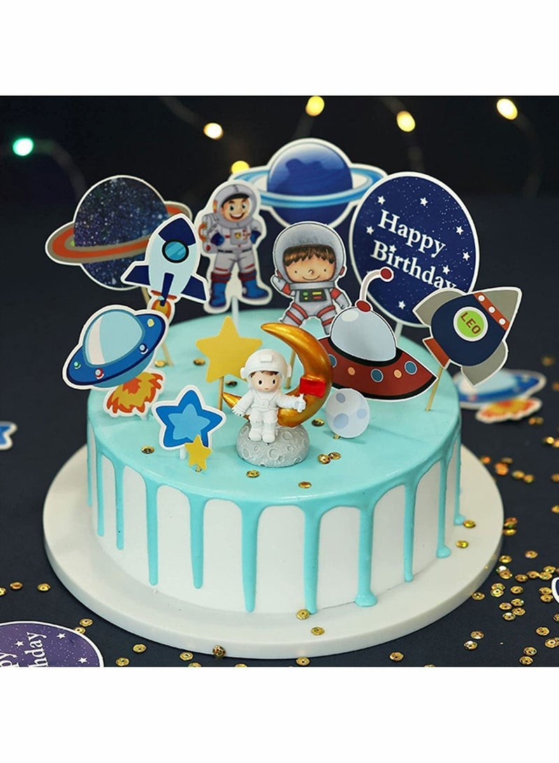 Cake Toppers, Outer Space Astronaut Spaceship, Stars, Orbit, UFO, Moon, Happy Birthday Sign, for Party, Baby Shower, Decoration, Science Projects, Craft Projects (14 PCs)