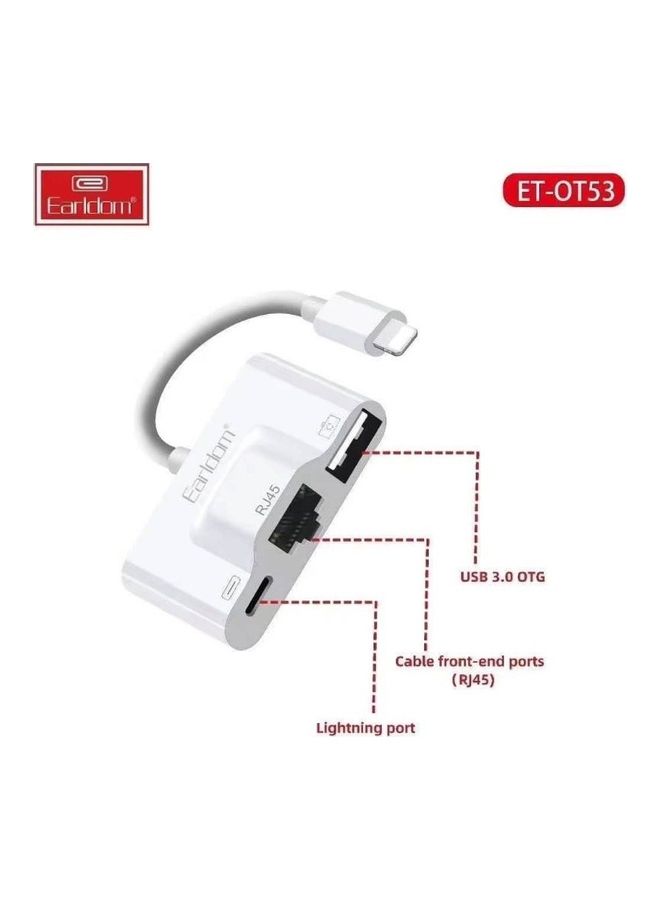 3-In1 Plug Adapter Lightning RJ45 + USB 3.0 OTG White