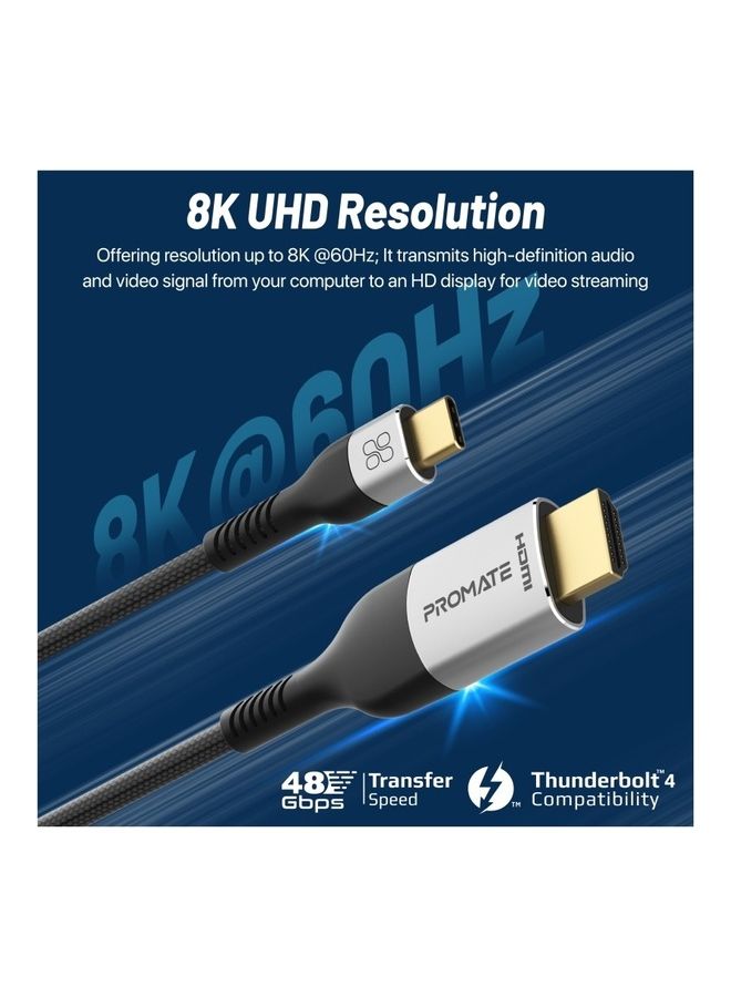 USB-C to HDMI Cable, Ultra HD 8k 60hz Type-C (Thunderbolt-4) to HDMI Cable with 48Gbps Transmission and 10000+ Bend Lifespan for MacBook Pro, iPad Air, Dell XPS 13, Galaxy S22, MediaCord-8K Black