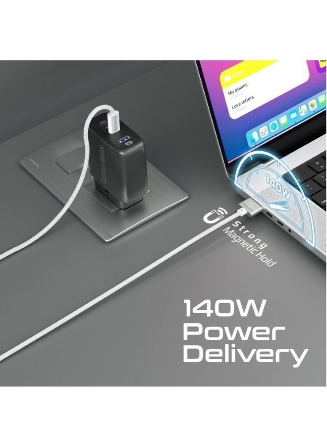 USB-C to Magnetic 3 Cable, High Tensile Ultra-Fast Charging Cable with 140W Power Delivery, Strong Magnetic Hold, Nylon Braided and 2m Long Cord for MacBook Pro, MacBook Air M2, MagCord-140PD White