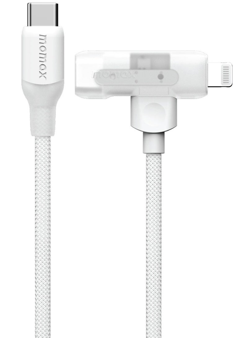 1-Link Flow Duo 2 in 1 USB-C to USB-C + Lightning Cable to USB-C Braided Cable 1.5 Meter [MFI Certified] Fast Charge PD 3.0 - White