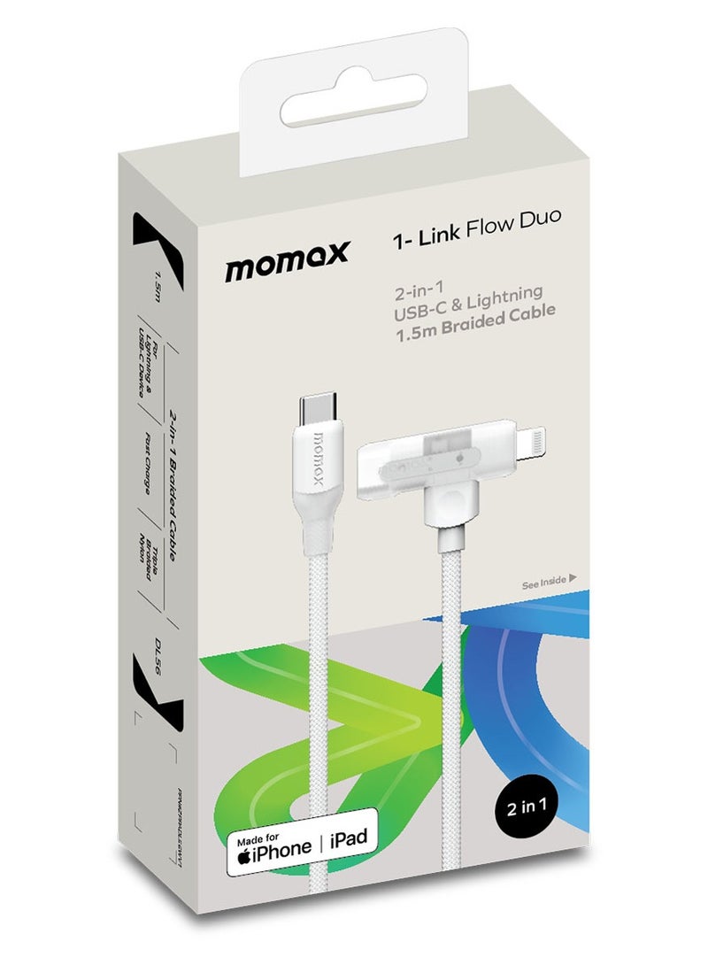 1-Link Flow Duo 2 in 1 USB-C to USB-C + Lightning Cable to USB-C Braided Cable 1.5 Meter [MFI Certified] Fast Charge PD 3.0 - White