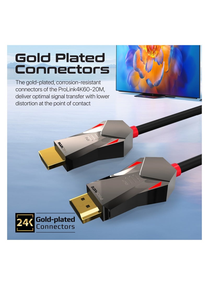 HDMI 2.0 Cable, 4K@60Hz HDMI to HDMI Unidirectional Cable with 3D Video Support, 18Gbps Bandwidth, Ethernet, 20M Fiber Optic Cable and Gold-Plated Connectors for Laptops, Monitors, ProLink4K60-20M Black