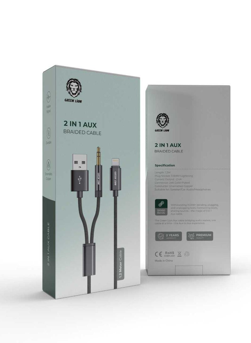 Green Lion 2 in 1 AUX Braided Cable 1.2M - Black