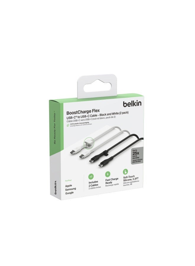 BoostCharge Flex silicone USB C cable USB IF certified USB C To USB C type chargIng cable For iPhone 15 Samsung Galaxy S24 iPad MacBook Note Pixel more   1m 2 pack black/white Black/White