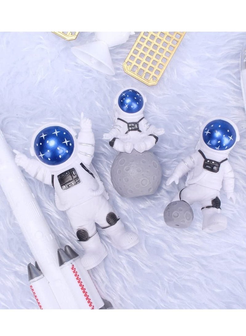 Astronaut Figurines Cake Topper Outer Space Birthday Decoration Spaceman Model Display Miniature Toys Set, Planet Rocket Pearl Balls and Star DIY Toppers for Kids Party (4Pcs)