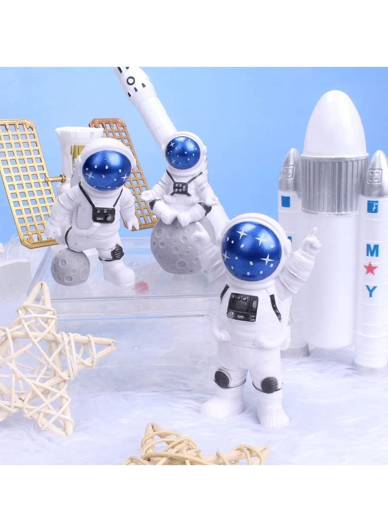 Astronaut Figurines Cake Topper Outer Space Birthday Decoration Spaceman Model Display Miniature Toys Set, Planet Rocket Pearl Balls and Star DIY Toppers for Kids Party (4Pcs)