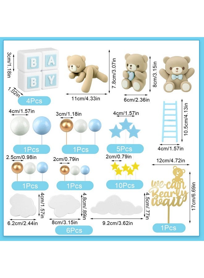 41 Pcs/Set Bear Cake Toppers Mini Bear Cake Decorations Cake Toppers Gold White Pearl Ball For Boy Girl Baby Shower Birthday Party Decorations(Blue Brown Cute Style)