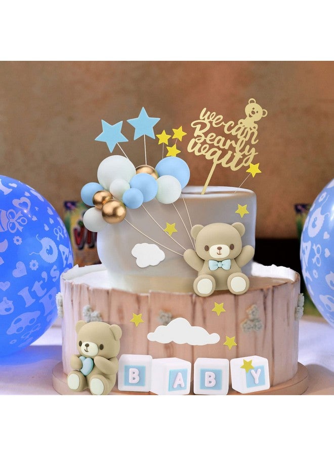 41 Pcs/Set Bear Cake Toppers Mini Bear Cake Decorations Cake Toppers Gold White Pearl Ball For Boy Girl Baby Shower Birthday Party Decorations(Blue Brown Cute Style)