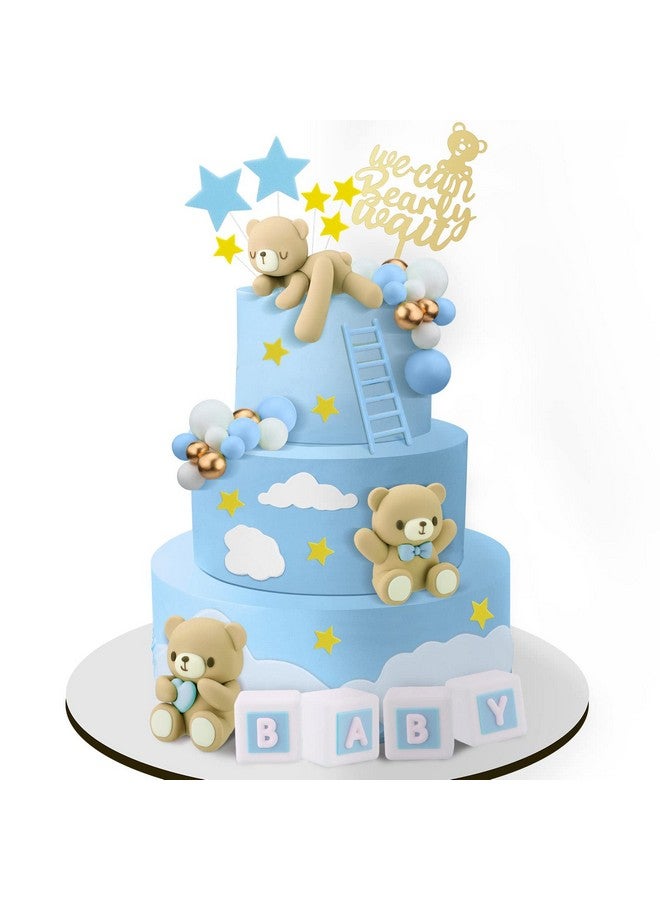 41 Pcs/Set Bear Cake Toppers Mini Bear Cake Decorations Cake Toppers Gold White Pearl Ball For Boy Girl Baby Shower Birthday Party Decorations(Blue Brown Cute Style)