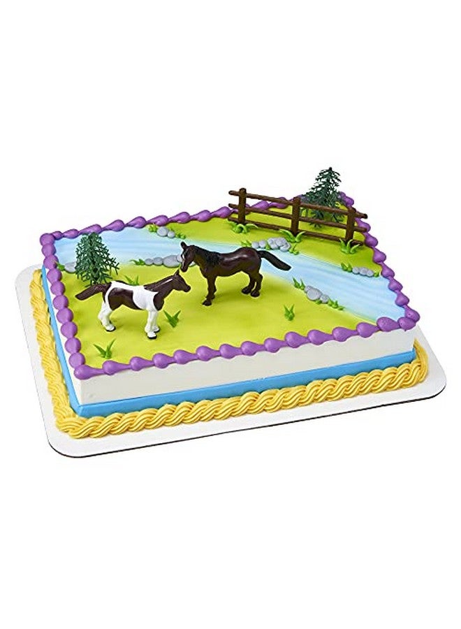 Decoset® Horses Cake Topper 5Piece Topper Set Cake Decoration With 2 Horses Fence And Trees Ready To Use For Equinethemed Birthday Celebration Food Safe