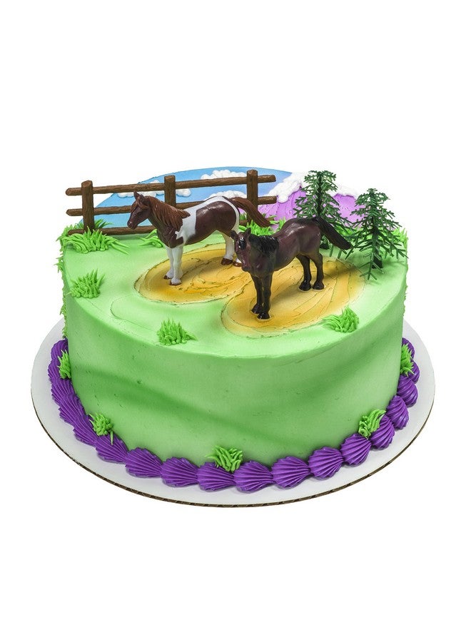 Decoset® Horses Cake Topper 5Piece Topper Set Cake Decoration With 2 Horses Fence And Trees Ready To Use For Equinethemed Birthday Celebration Food Safe