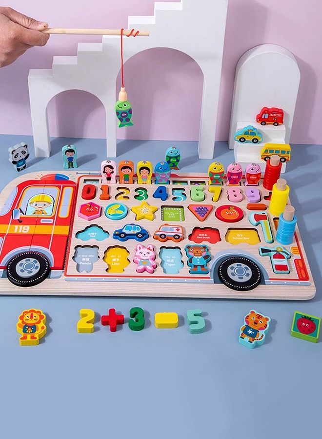 5 In 1 Wooden Board Puzzle For Kids Toys, Montessori Toys With Fish Catching Game, Numbers, Shapes, Animals, Vehicles Puzzle, Learning Educational Puzzle Toys For Kids 2+Years Boy Girl