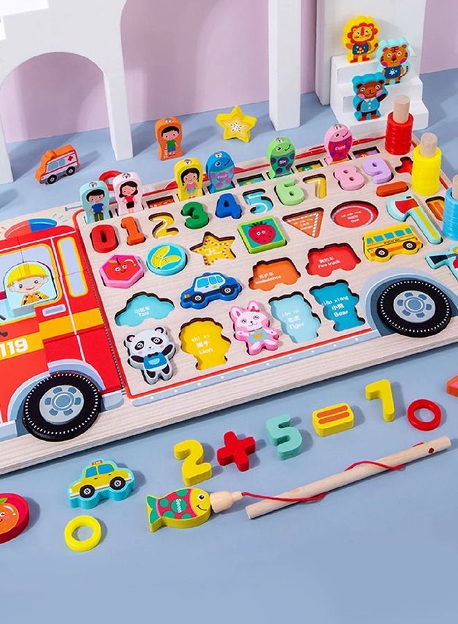 5 In 1 Wooden Board Puzzle For Kids Toys, Montessori Toys With Fish Catching Game, Numbers, Shapes, Animals, Vehicles Puzzle, Learning Educational Puzzle Toys For Kids 2+Years Boy Girl