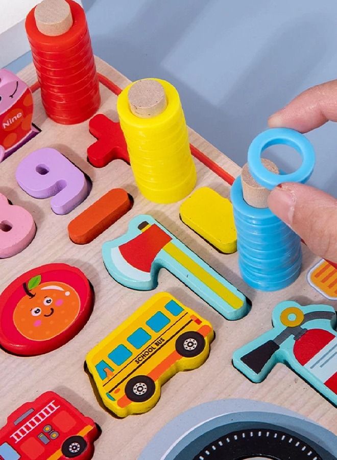 5 In 1 Wooden Board Puzzle For Kids Toys, Montessori Toys With Fish Catching Game, Numbers, Shapes, Animals, Vehicles Puzzle, Learning Educational Puzzle Toys For Kids 2+Years Boy Girl