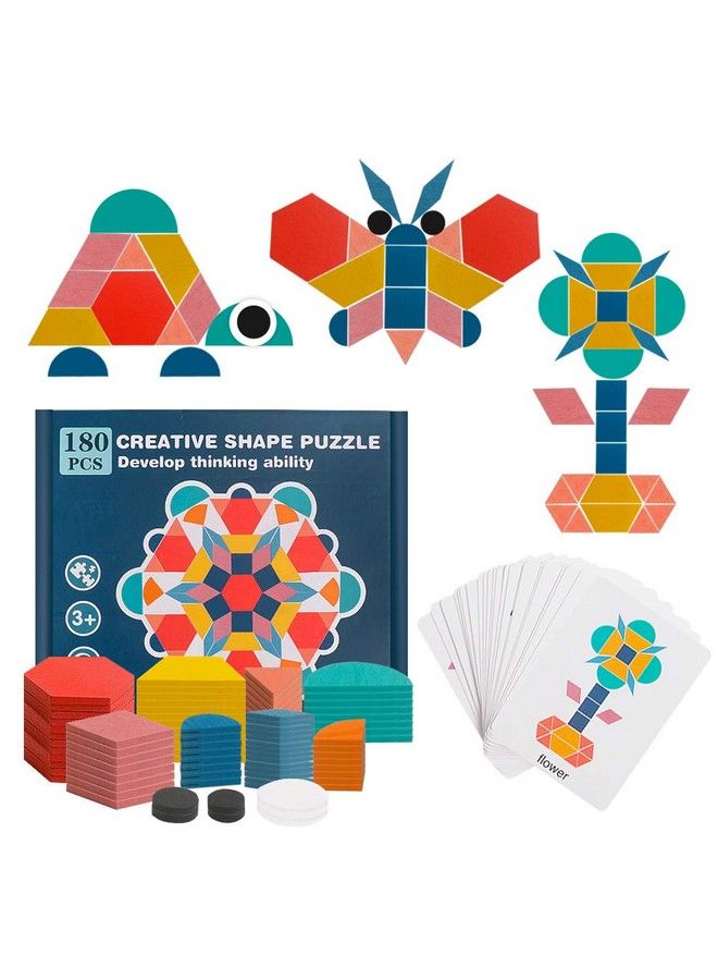 180 Pcs Wooden Tangrams Pattern Blocks Set Geometric Manipulative Shape Puzzle Kindergarten Classic Educational Montessori Toys For Kids Toddlers Ages 4 8 With 24 Pcs Flash Cards