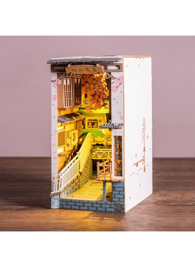Diy Book Nook Kits Sakura Densya 3D Wooden Puzzles Bookshelf Insert Decorative Bookend Model Kits With Led Diy Crafts/Birthday Gifts/Home Decor For Girls&Boys Teens&Adults (Sakura Densya)