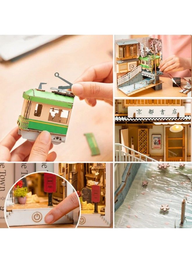 Diy Book Nook Kits Sakura Densya 3D Wooden Puzzles Bookshelf Insert Decorative Bookend Model Kits With Led Diy Crafts/Birthday Gifts/Home Decor For Girls&Boys Teens&Adults (Sakura Densya)