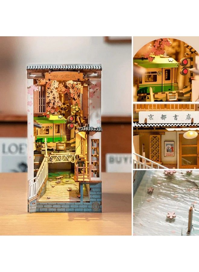 Diy Book Nook Kits Sakura Densya 3D Wooden Puzzles Bookshelf Insert Decorative Bookend Model Kits With Led Diy Crafts/Birthday Gifts/Home Decor For Girls&Boys Teens&Adults (Sakura Densya)