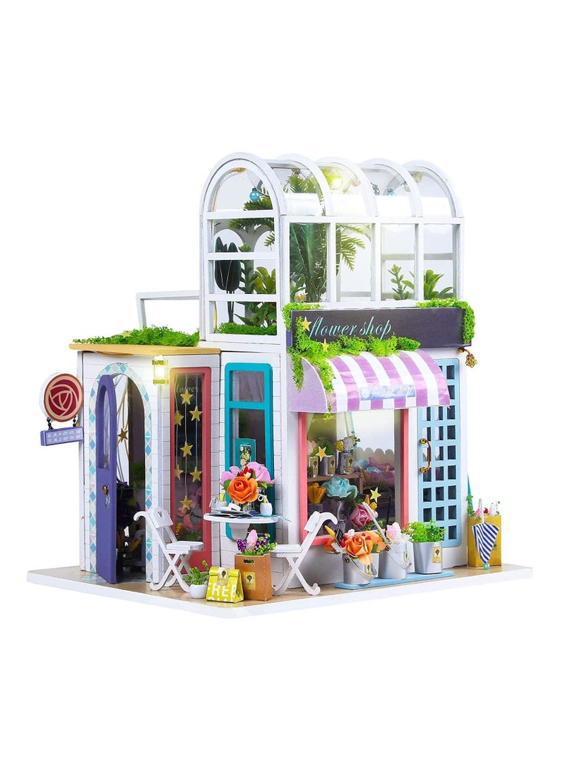 DIY Miniature Dollhouse Kit - Flower Shop Room with Furniture and LED, Wooden Miniature Kit Plus Dust Proof,3D House Puzzle Model