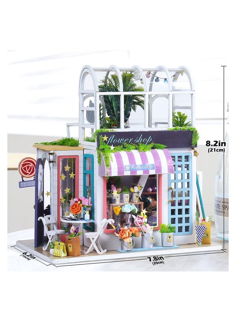 DIY Miniature Dollhouse Kit - Flower Shop Room with Furniture and LED, Wooden Miniature Kit Plus Dust Proof,3D House Puzzle Model