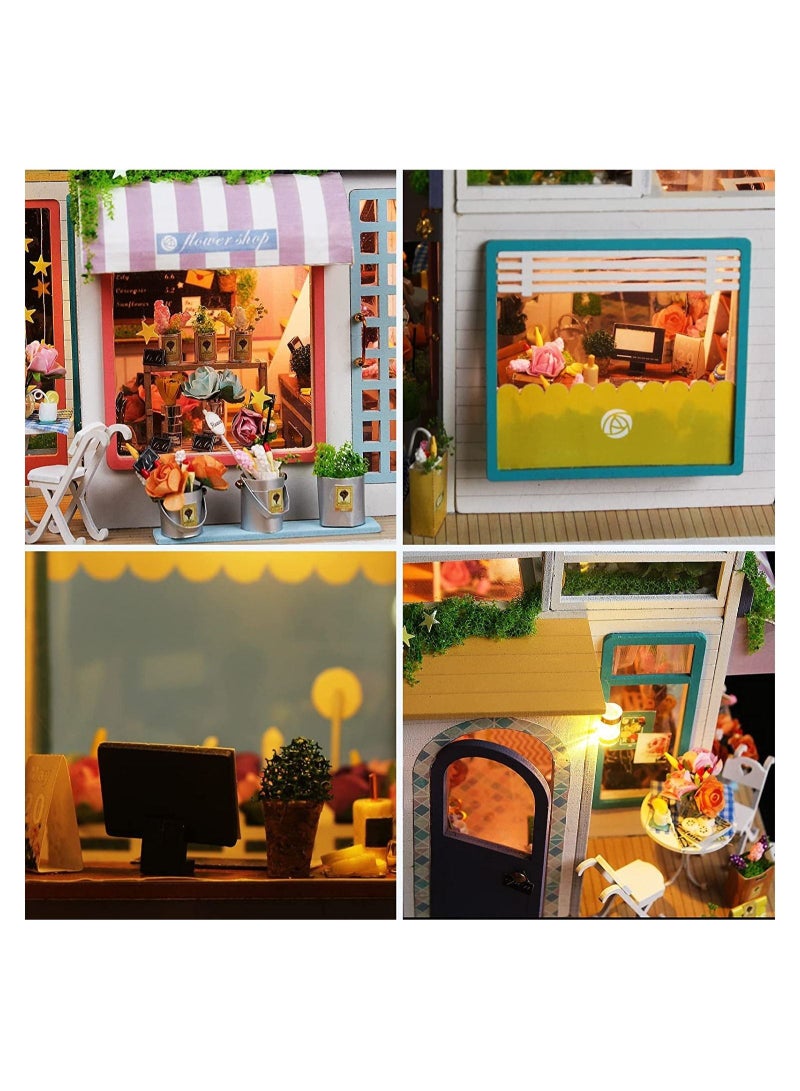 DIY Miniature Dollhouse Kit - Flower Shop Room with Furniture and LED, Wooden Miniature Kit Plus Dust Proof,3D House Puzzle Model