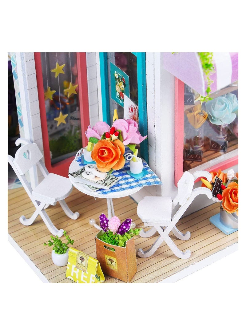 DIY Miniature Dollhouse Kit - Flower Shop Room with Furniture and LED, Wooden Miniature Kit Plus Dust Proof,3D House Puzzle Model