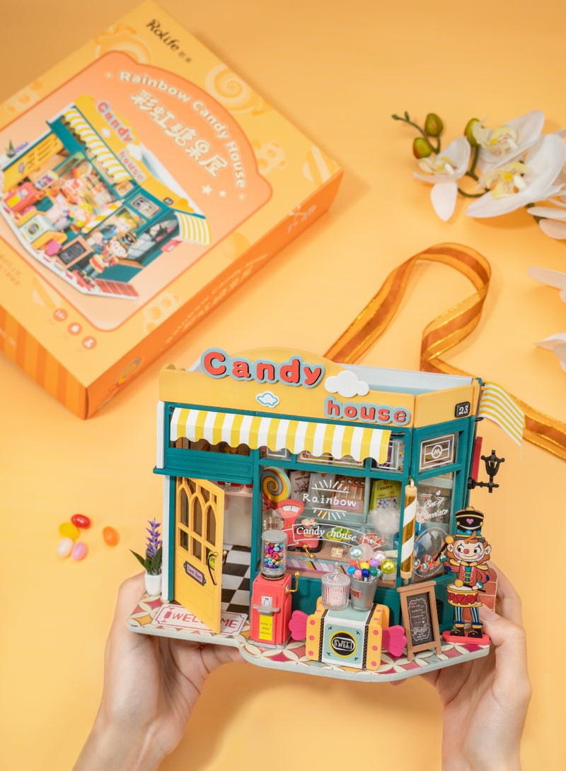 ROBOTIME Rolife Rainbow Candy House DIY Miniature House DG158, Assembly Brain Teaser 3D Wooden Puzzle DIY Build Model Crafts Kits, Unique Gifts and Home Decor for Teens or Adults