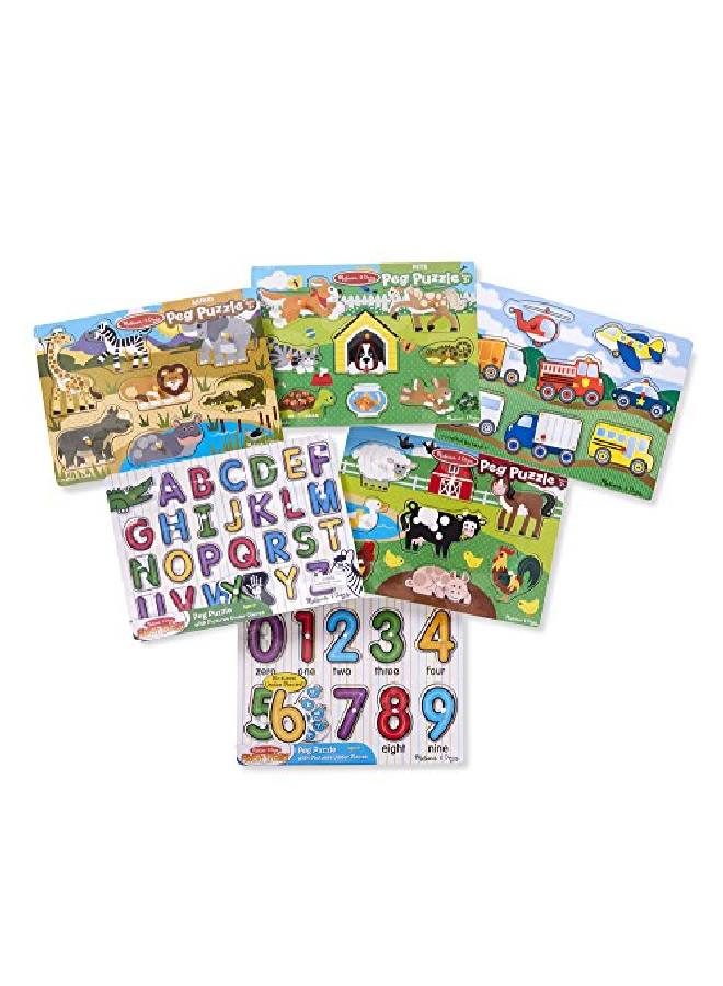 Wooden Peg Puzzle 6 Pack Numbers Letters Animals Vehicles