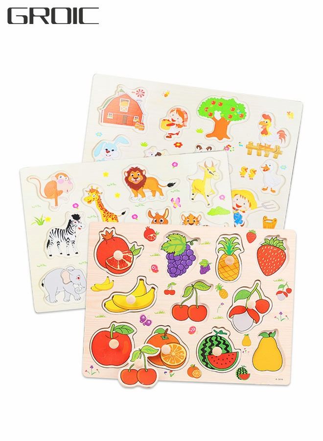 Wooden Puzzles Set，Fruits, Farm and Animals Learning Wooden Puzzles Board for Kids, Preschool Educational Puzzles Activity Toys