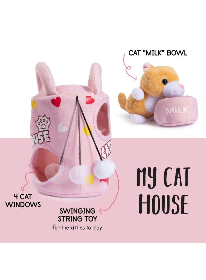 Reations Plush Cat House For Kids Includes Plush Cat House Carrier With 4 Soft Stuffed Talking & Meowing Kittens & A Cat Plush Milk Bowl Best Interactive Toy For Babies Or Toddlers