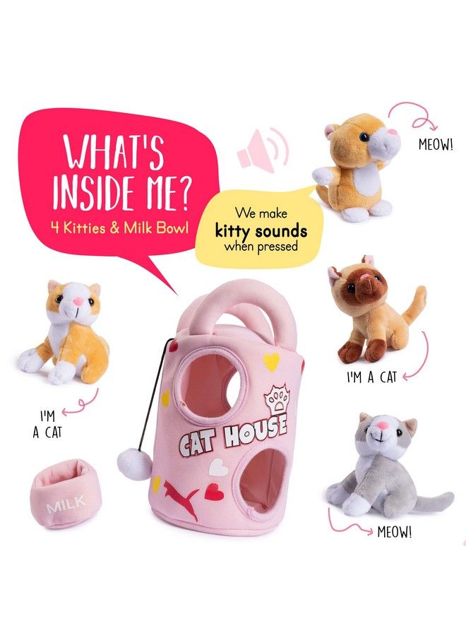 Reations Plush Cat House For Kids Includes Plush Cat House Carrier With 4 Soft Stuffed Talking & Meowing Kittens & A Cat Plush Milk Bowl Best Interactive Toy For Babies Or Toddlers