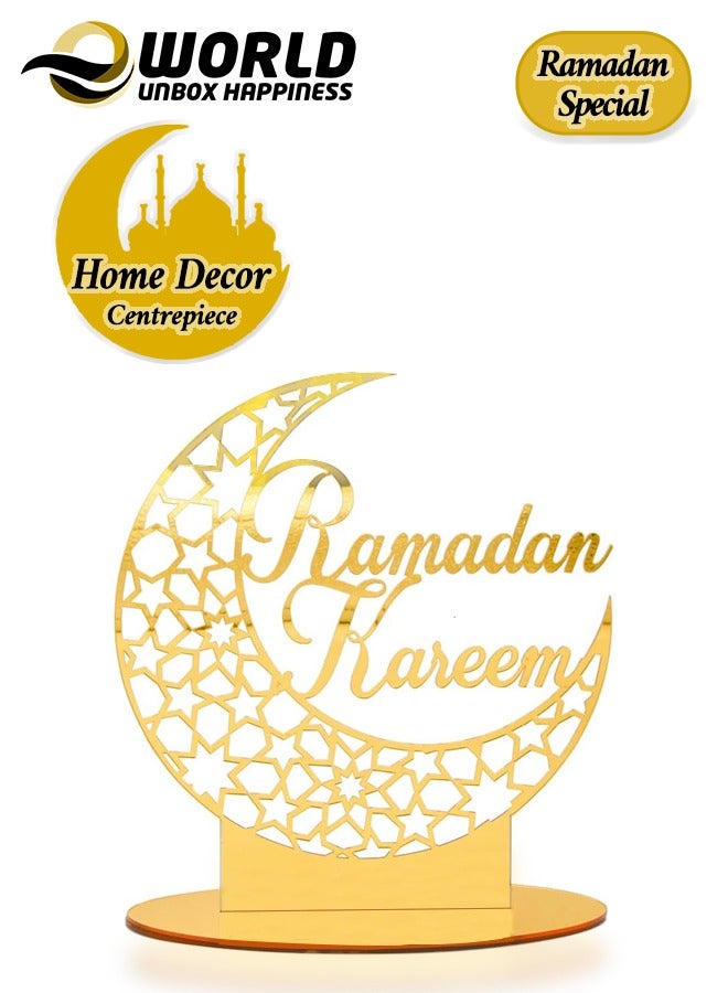 Elegant Acrylic Ramadan Tabletop Decor for Home Islamic Lightweight Craft Ornament Featuring Ramadan Kareem Calligraphy, Perfect Crescent Ornaments for Islamic Parties, Radiant in Gold