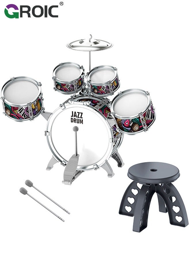 Junior Musical Jazz Drum Set, GROIC Percussion Instrument for Beginners Music Practice, Kids Drum Sets 5 Drums with Cymbal, Drumsticks & Stool, Musical Educational Gift for Boys Girls Age 3+