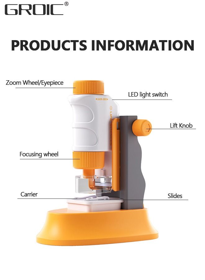 Pocket Microscope for Kids Science Microscope Kits Little World Science Kits Beginner Handheld Microscope Kit with LED 80-160x Magnification Kids Educational Toy Preschool Science Toy