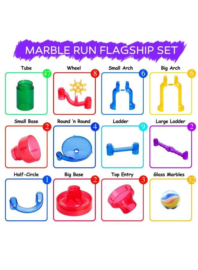 Marble Run Sets Kids, 122 Pcs Marble Race Track Game 90 Translucent Marbulous Pieces + 32 Glass Marbles, Stem Marble Maze Building Blocks Kids 4+ Year Old