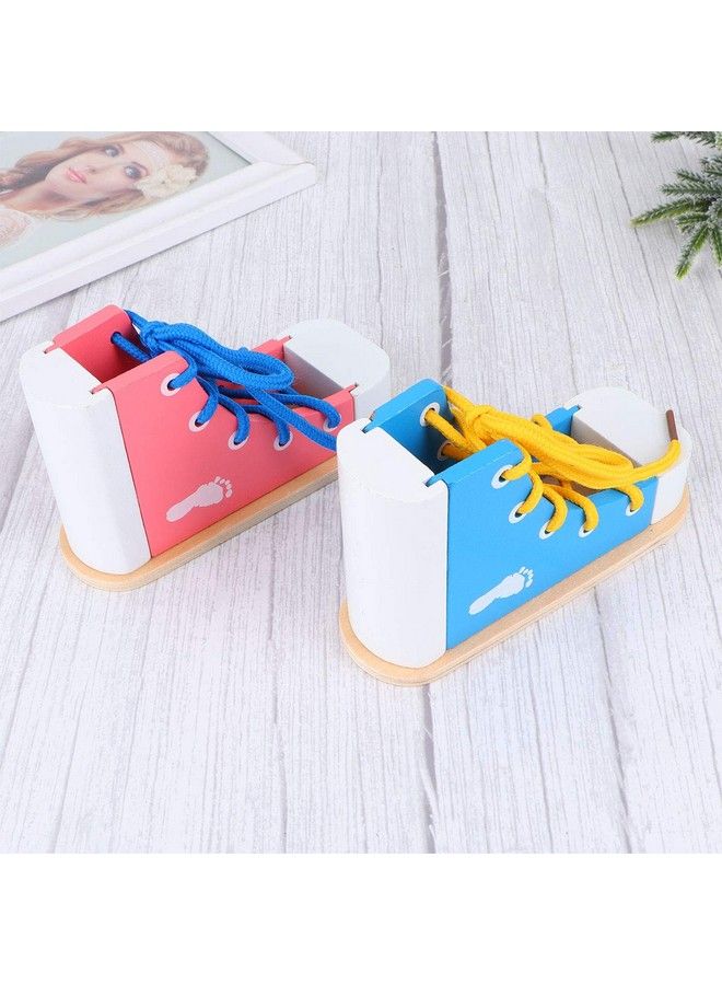 2Pcs Wood Lacing Sneaker Learn To Tie Shoes Tieup Shoe Threading Toy Montessori Educational Toys (Blue + Pink)