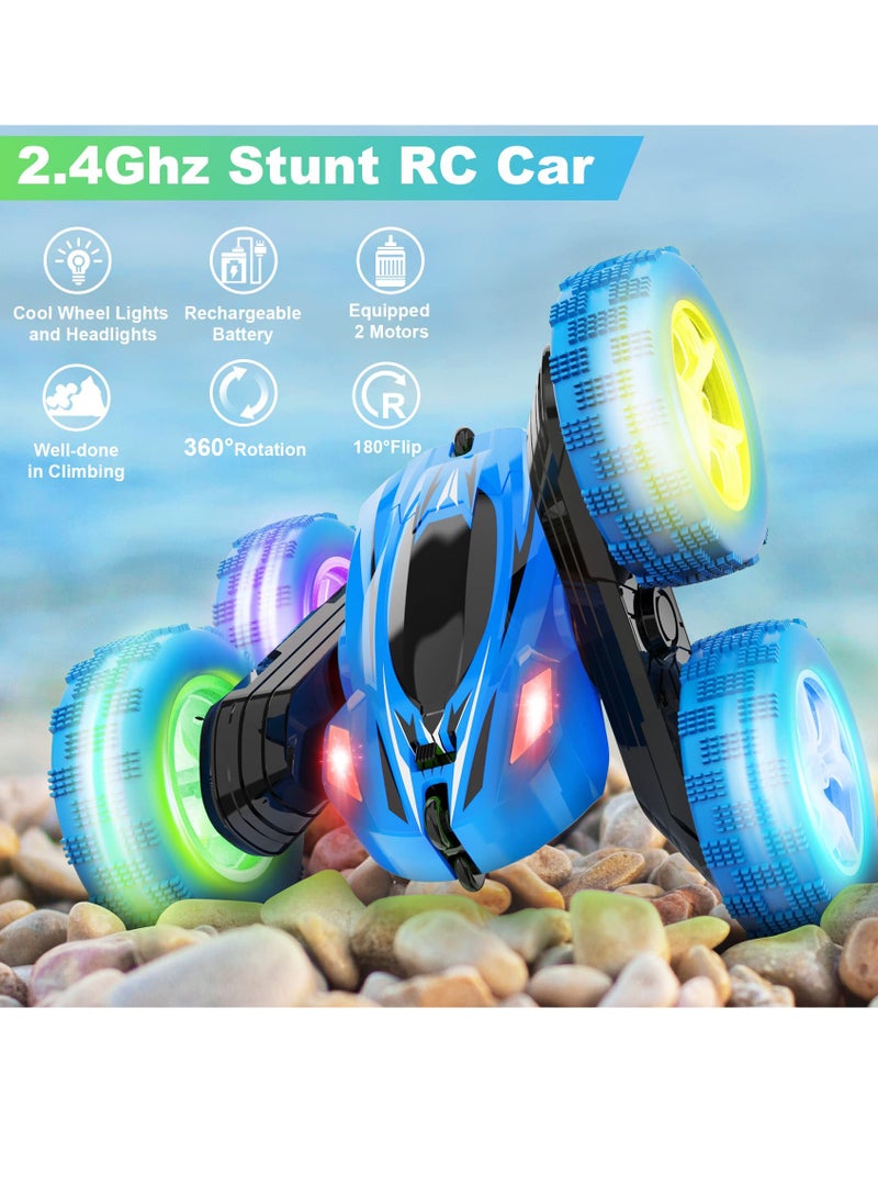 COOLBABY Remote Control Car RC Cars 2.4GHz Fast Stunt RC Car 4WD Double Sided 360° Rotating RC Trucks with Headlights Off Road RC Crawler Toy Cars for Kids Boys Girls (Blue)