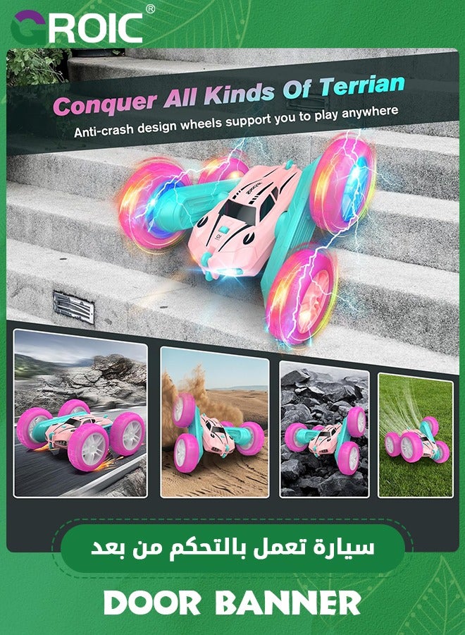 RC Cars, Pink Remote Control Car,2.4 GHZ Double Sided RC Stunt Car 360° Rotating Remote Control Crawler with Headlights Car Toys,Off-Road Stunt Toy Car for Kids