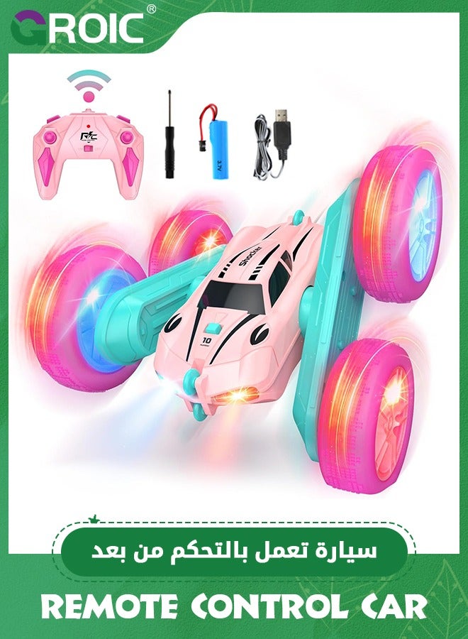 RC Cars, Pink Remote Control Car,2.4 GHZ Double Sided RC Stunt Car 360° Rotating Remote Control Crawler with Headlights Car Toys,Off-Road Stunt Toy Car for Kids