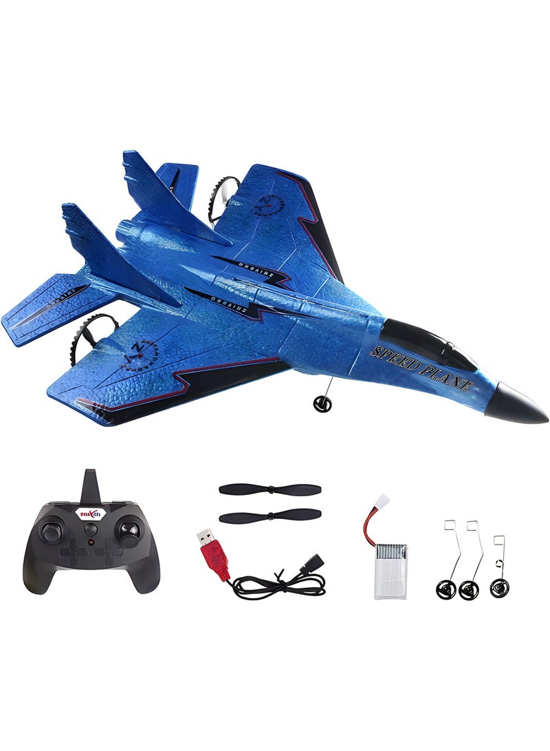 2.4GHz 2CH Remote Control Airplane RC Glider for Beginner Adult Kids, Easy to Fly EPP Foam RC Aircraft Fighter with LED Light (BLUE)