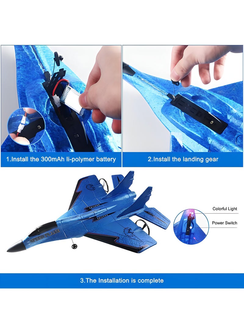 2.4GHz 2CH Remote Control Airplane RC Glider for Beginner Adult Kids, Easy to Fly EPP Foam RC Aircraft Fighter with LED Light (BLUE)