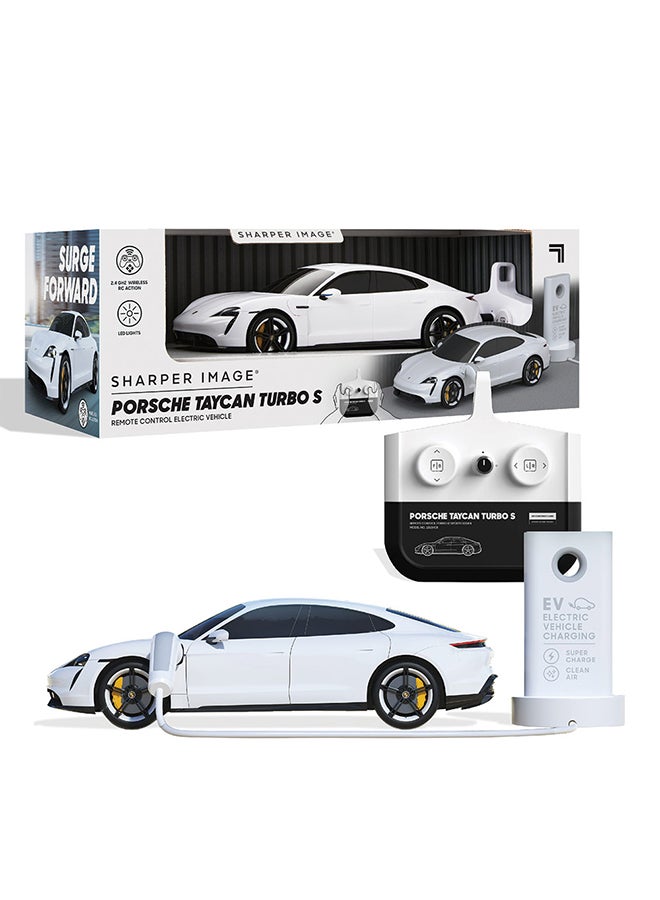 Sharper Image Officially Licensed Porsche Taycan Turbo S Remote Control Electric Car, Working LED Lights & USB-C Charging Station