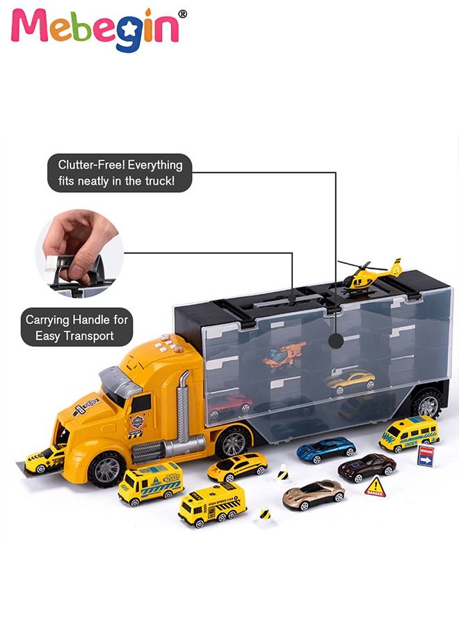 Vehicles Toy Set for Boys 17 Pcs Engineering Die-cast Construction Car with Music and Light Friction Powered Cars with Double Side Storage Carrier Truck Birthday Gift for Kids Age 3+