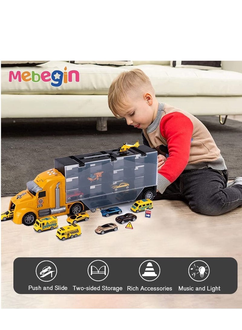 Vehicles Toy Set for Boys 17 Pcs Engineering Die-cast Construction Car with Music and Light Friction Powered Cars with Double Side Storage Carrier Truck Birthday Gift for Kids Age 3+