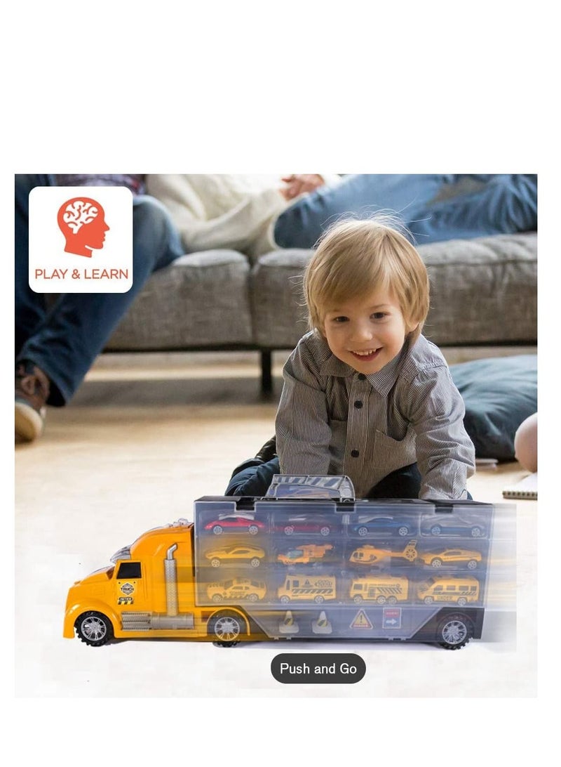 Vehicles Toy Set for Boys 17 Pcs Engineering Die-cast Construction Car with Music and Light Friction Powered Cars with Double Side Storage Carrier Truck Birthday Gift for Kids Age 3+